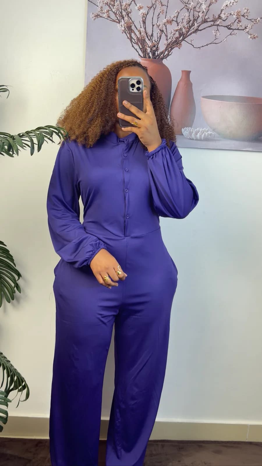 Purple Button-Front Wide-Leg Jumpsuit