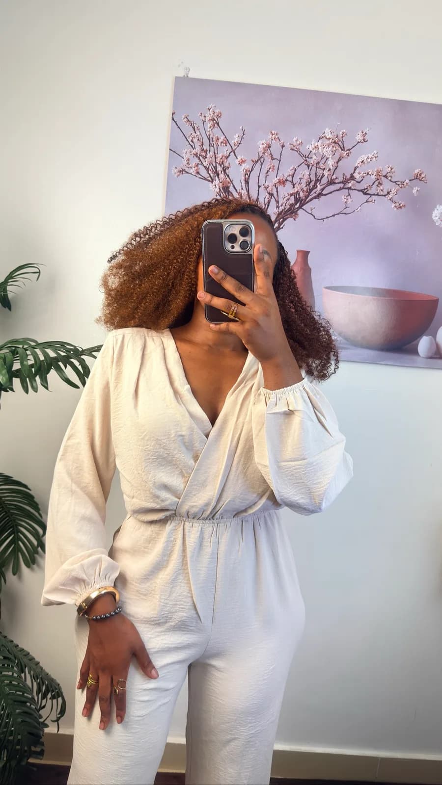 Beige Wrap-Style Wide-Leg Jumpsuit