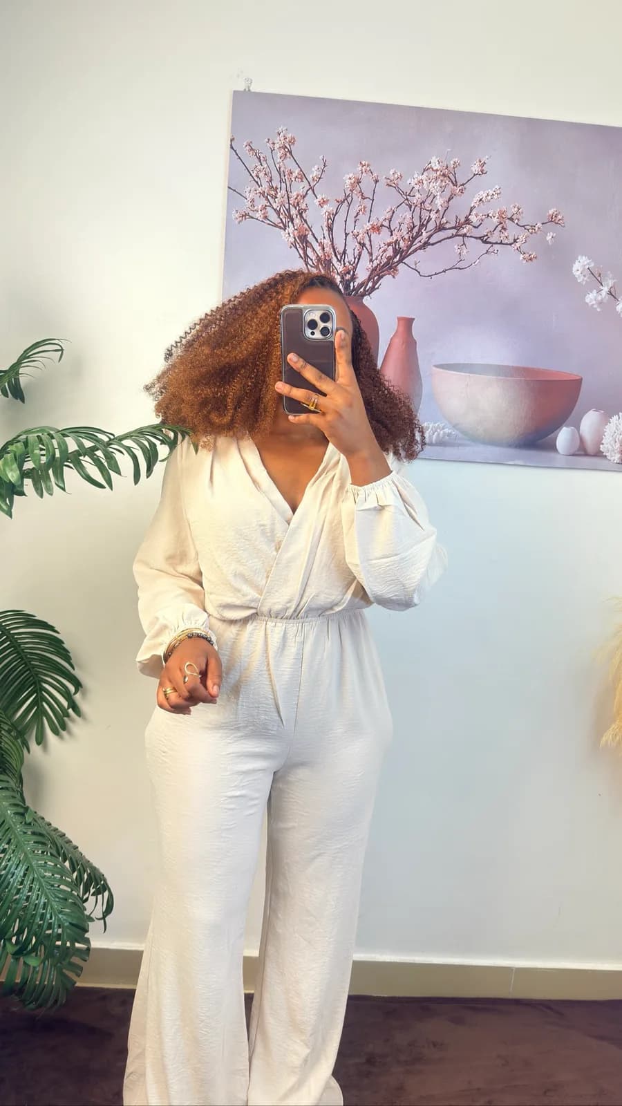 Beige Wrap-Style Wide-Leg Jumpsuit