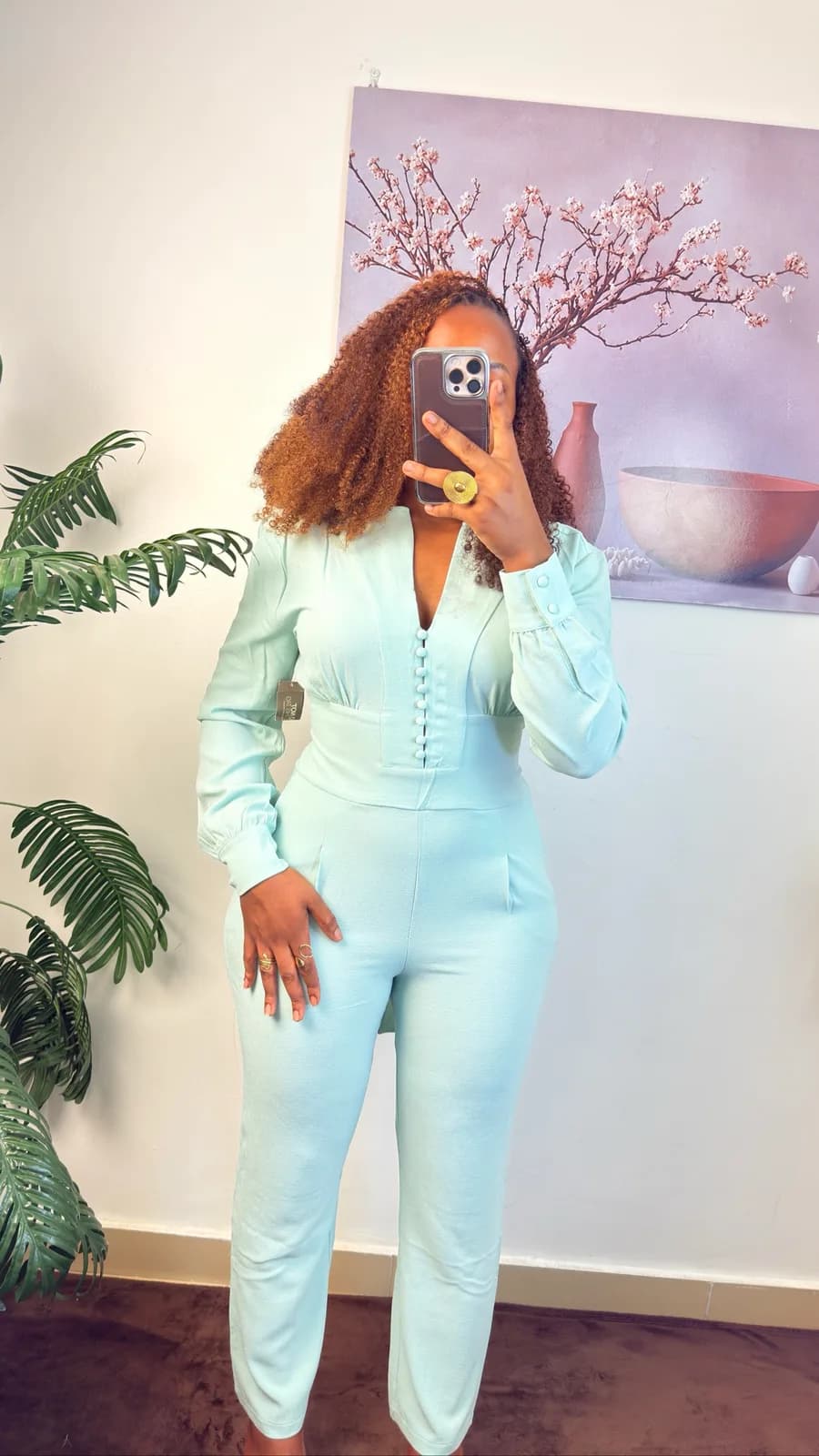 Mint Green Button-Detail Jumpsuit