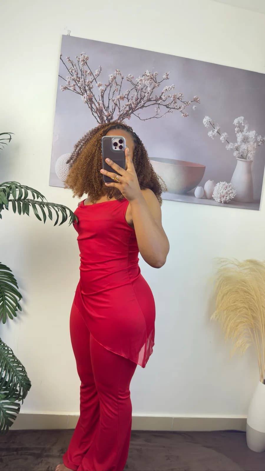 Red Asymmetric Draped Two-Piece Set