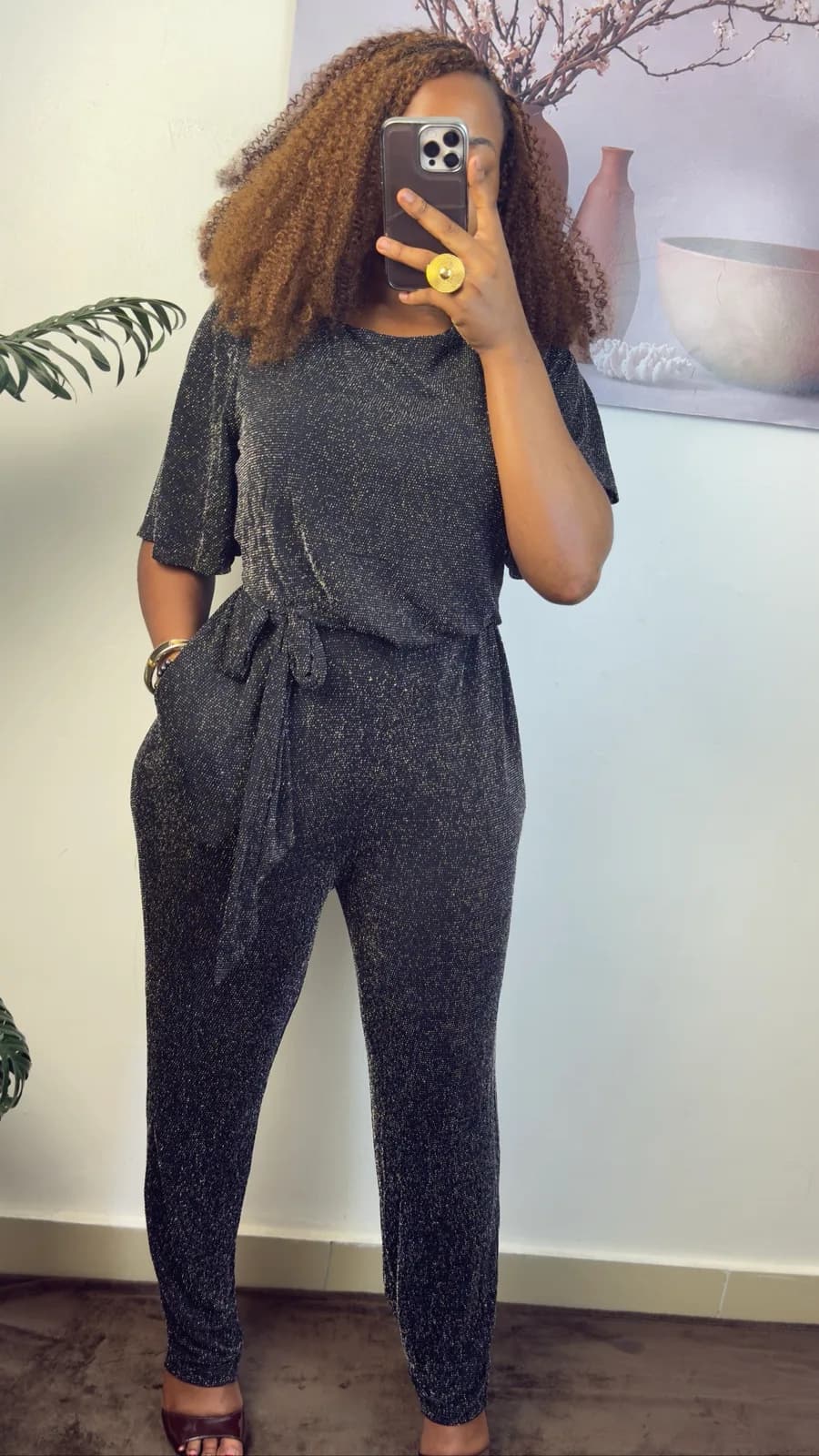 Black Shimmer Belted Jumpsuit