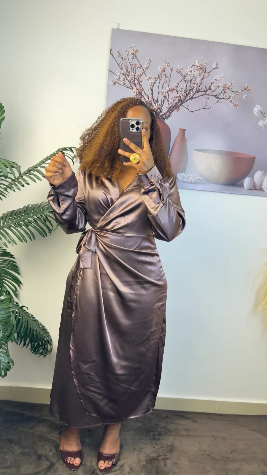 Mocha Heavy Satin Wrap Midi Dress