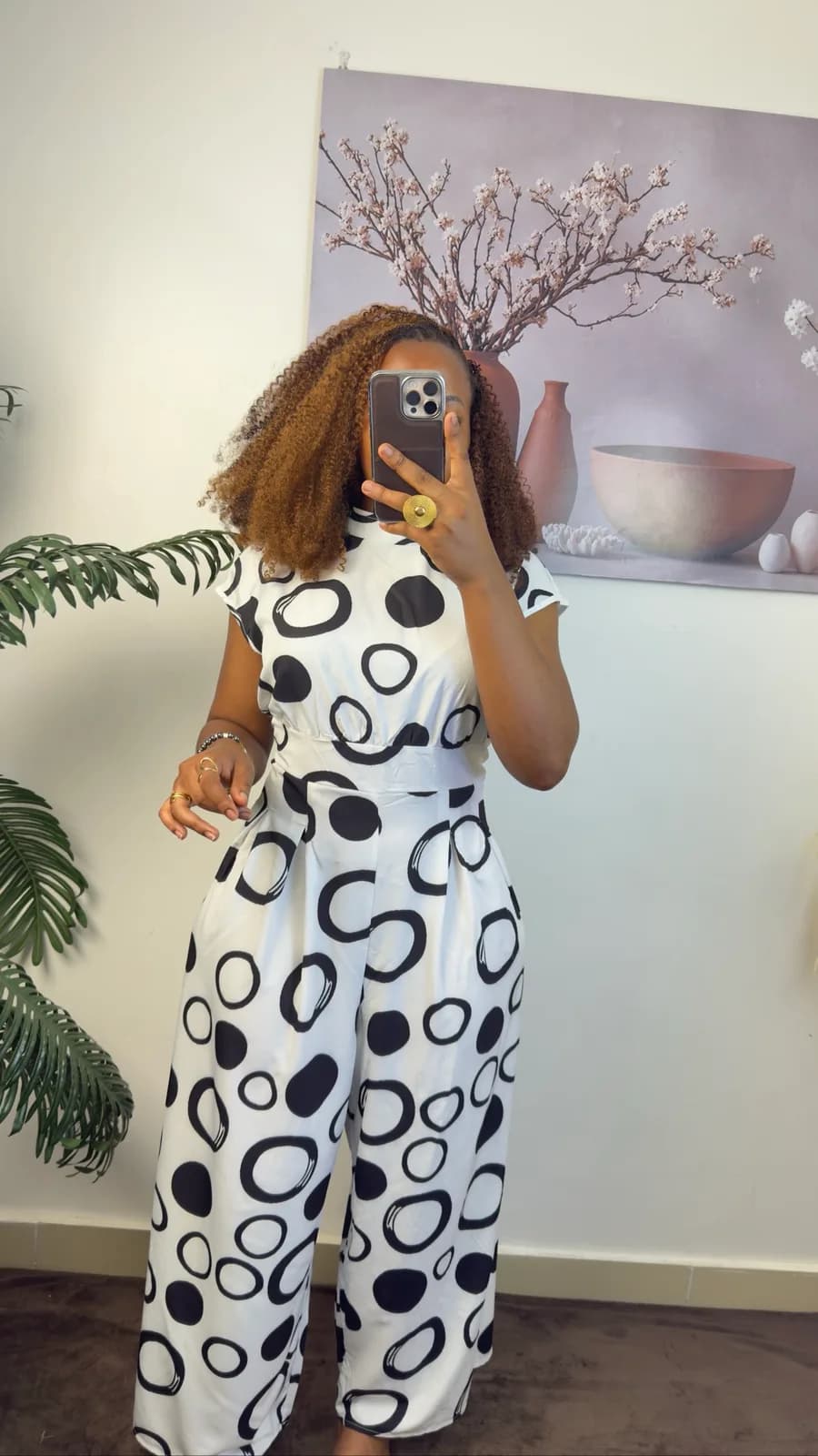 Title: Black & White Abstract Print Wide-Leg Jumpsuit