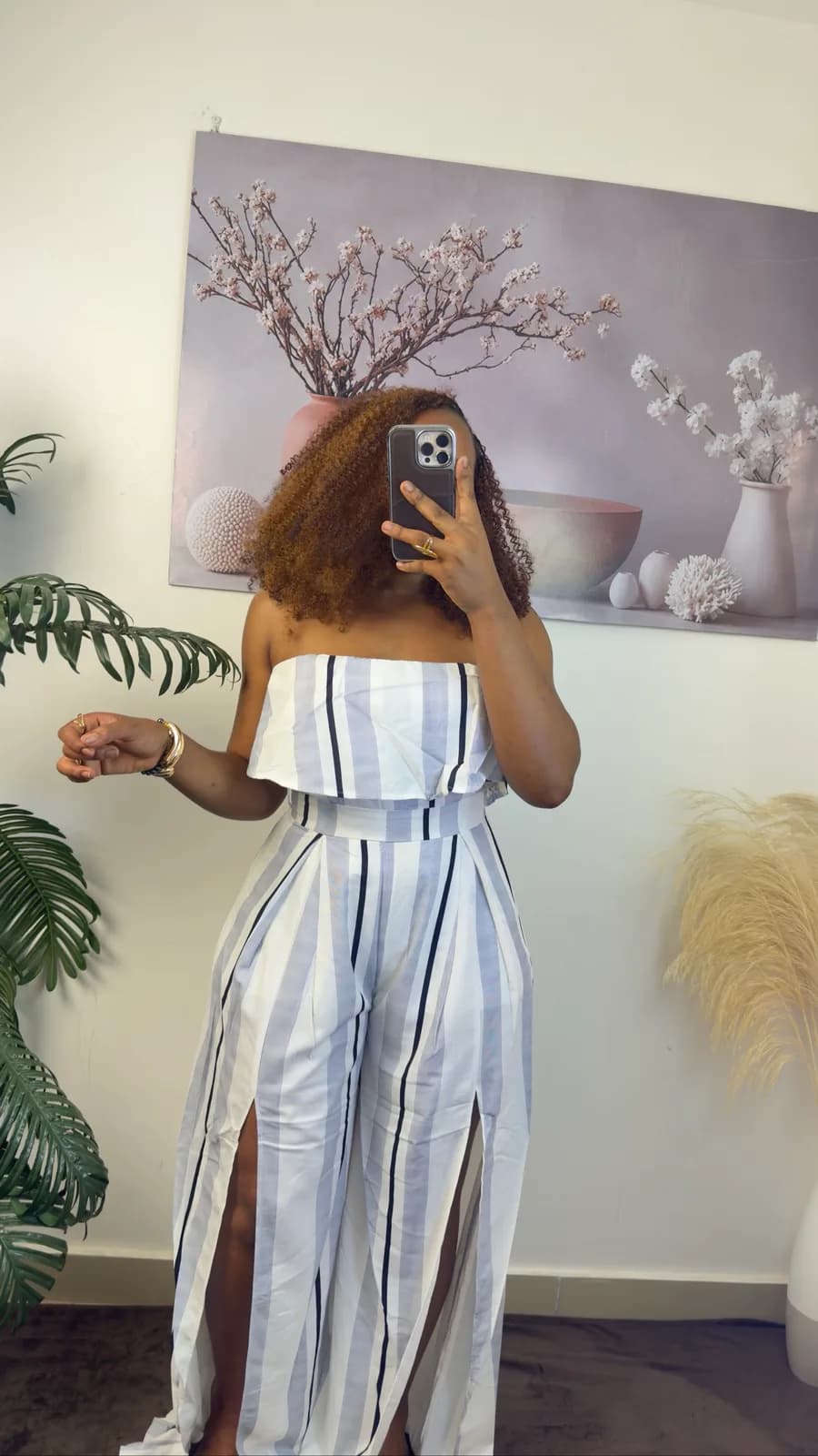 White & Blue Striped Strapless Maxi Dress with Slit