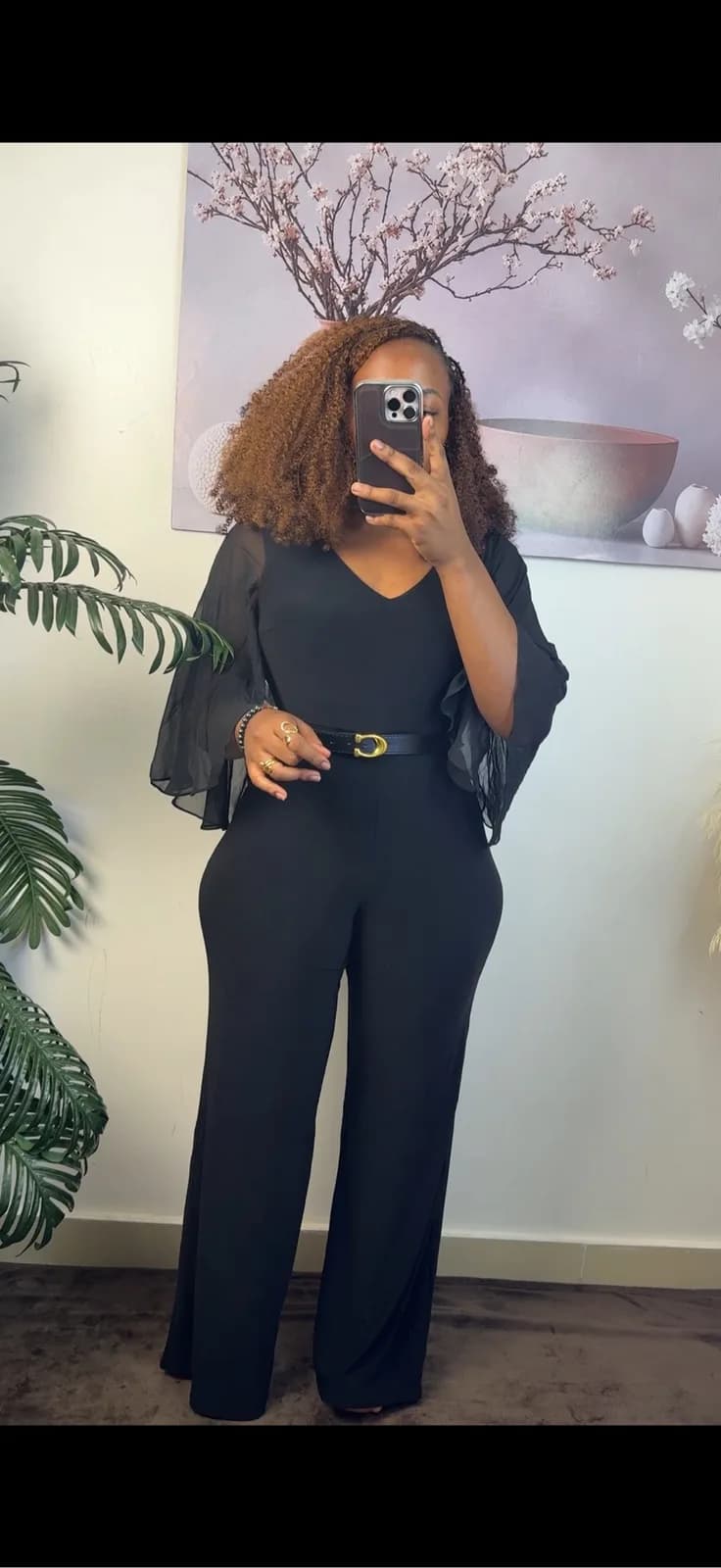Black V-Neck Wide-Leg Jumpsuit with Sheer Sleeves