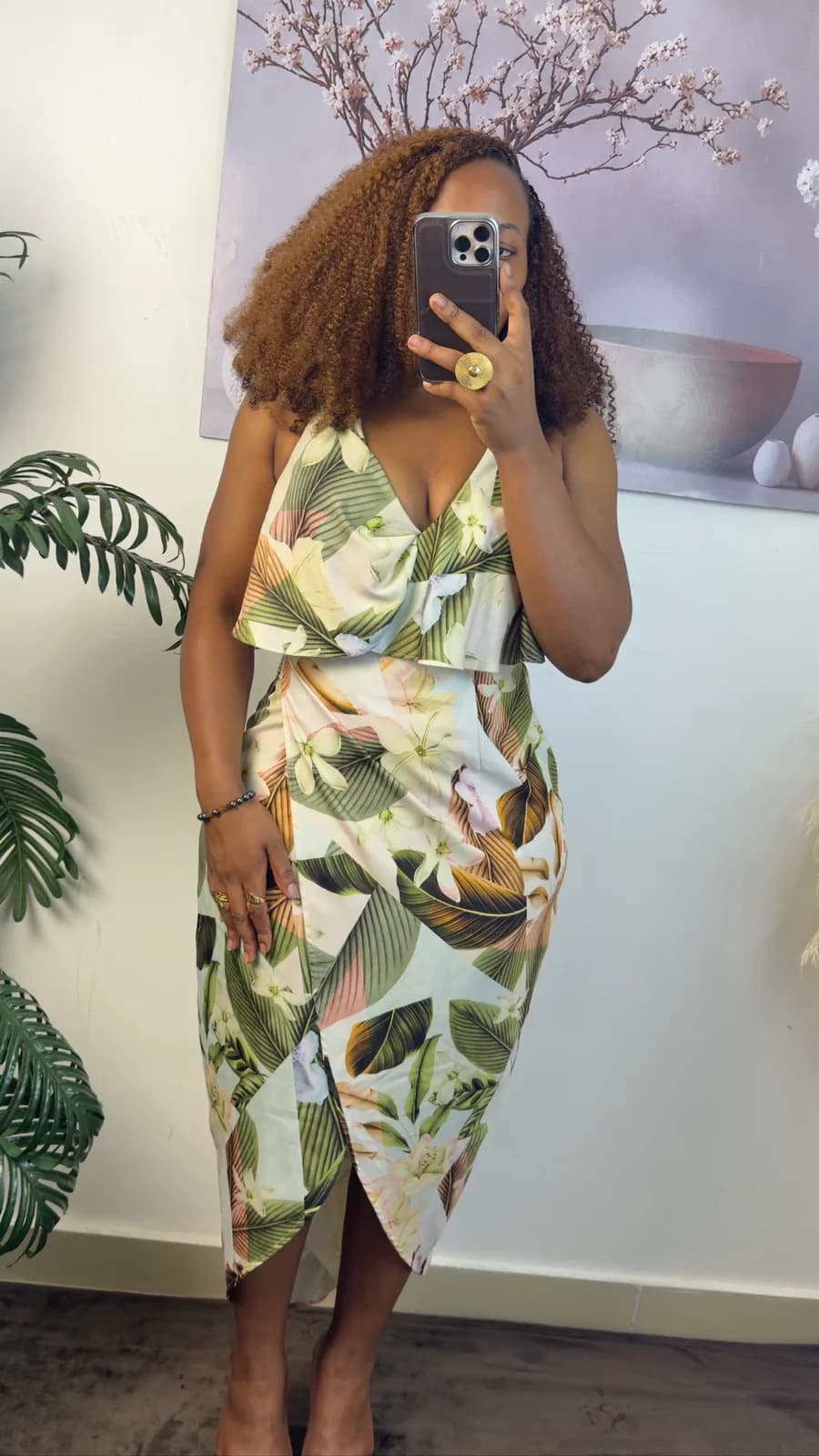 Tropical Floral Wrap Midi Dress