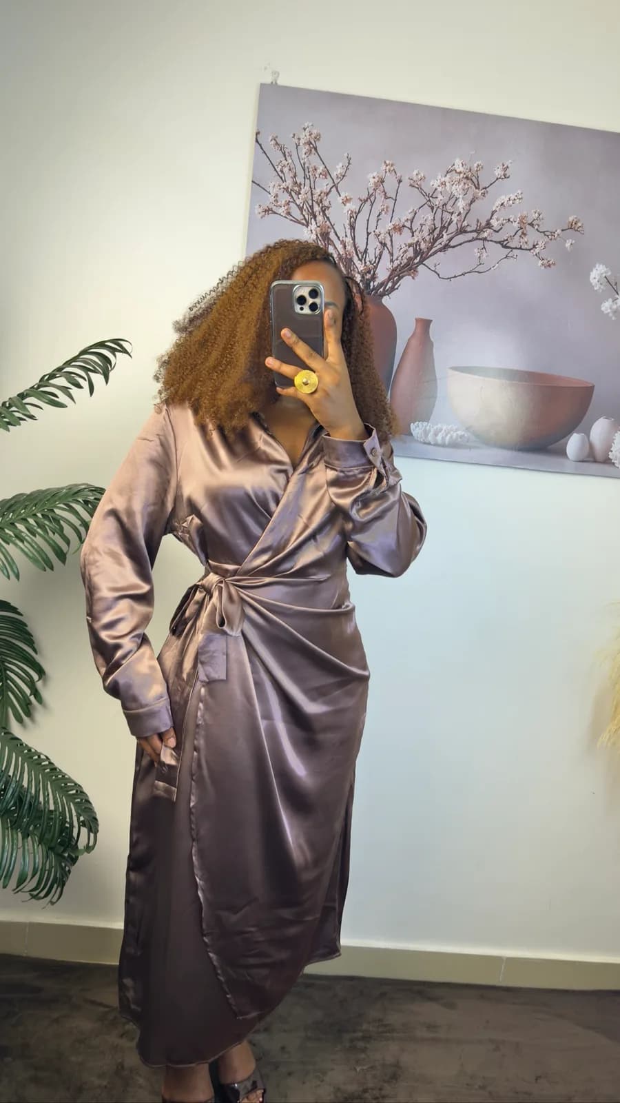 Mocha Heavy Satin Wrap Midi Dress