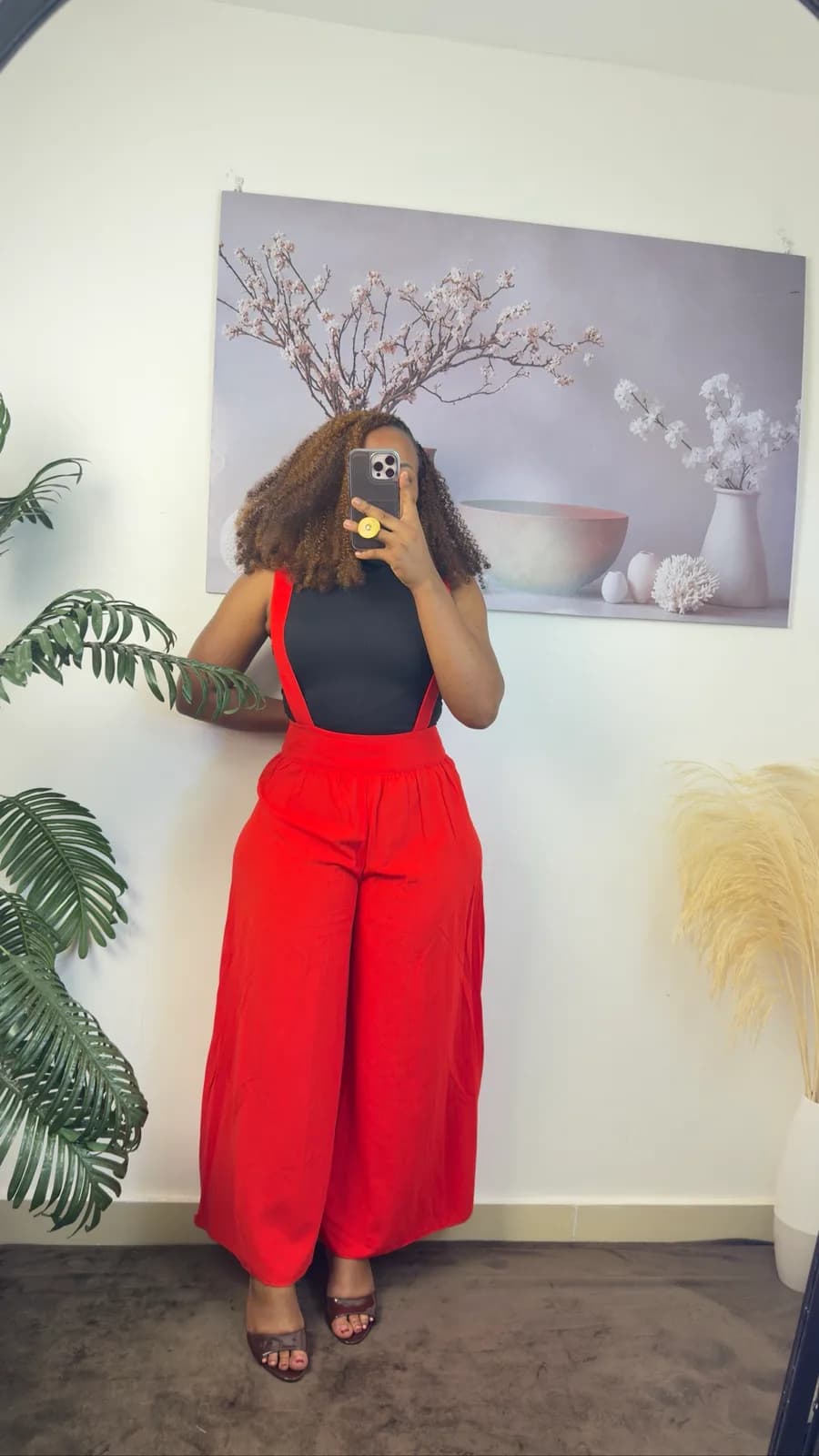 Red Wide-Leg Suspender Pants