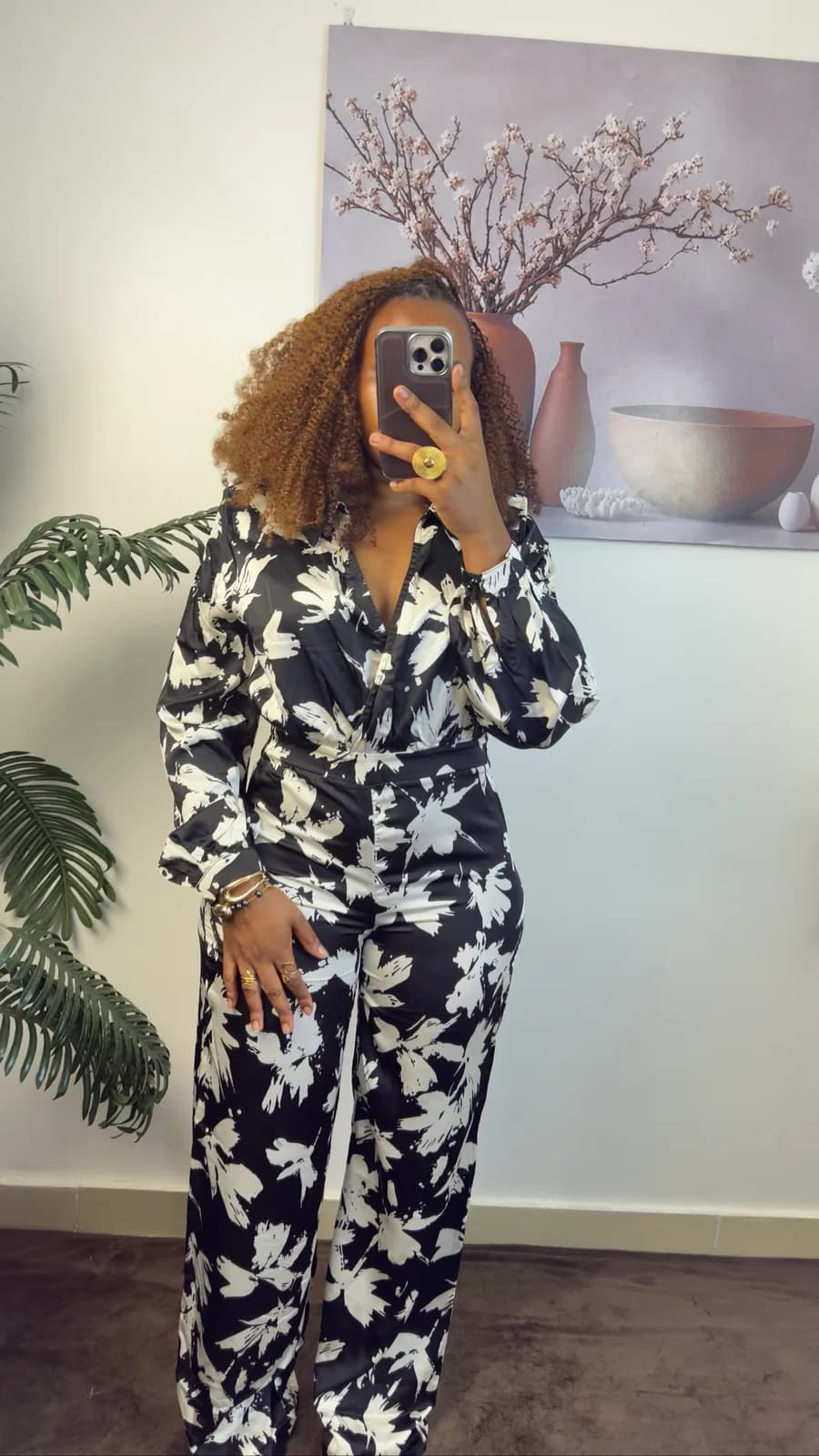 Black & White Floral Wrap Jumpsuit