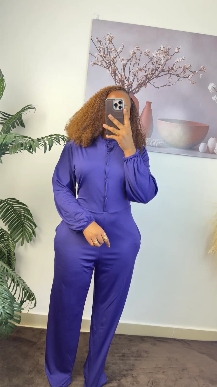 Purple Button-Front Wide-Leg Jumpsuit
