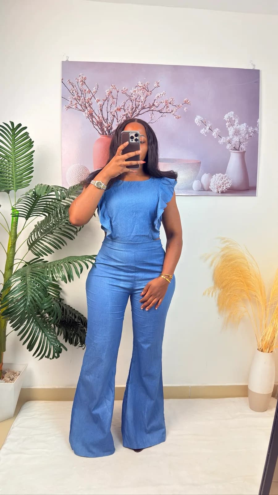 Blue Ruffle Flare-Leg Jumpsuit