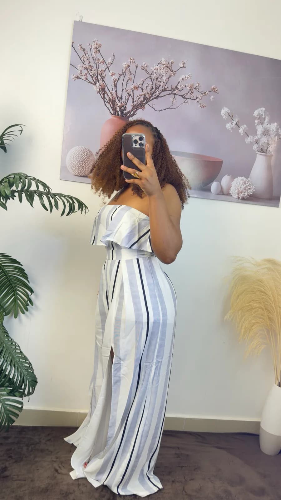 White & Blue Striped Strapless Maxi Dress with Slit