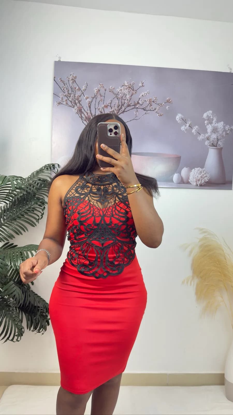 Red Bodycon Dress with Black Lace Overlay