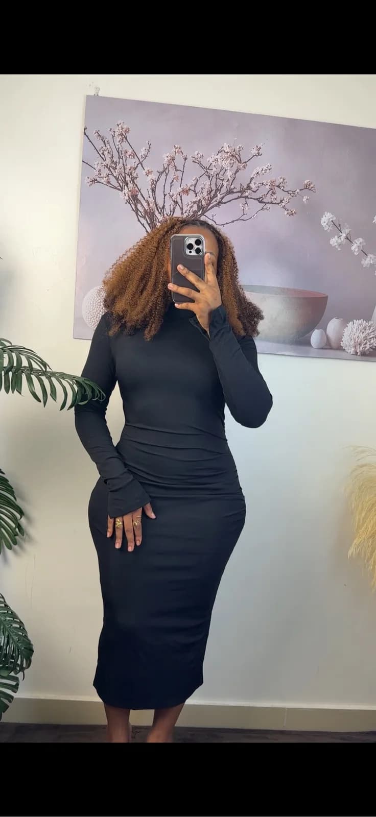 Black Long-Sleeve Ruched Midi Dress