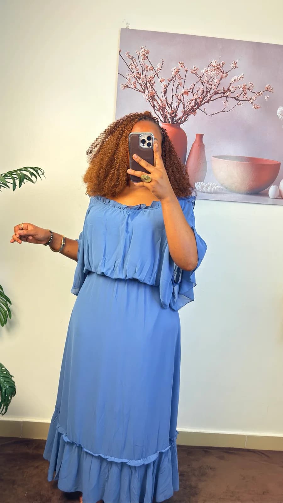 Blue Off-Shoulder Ruffle Maxi Dress