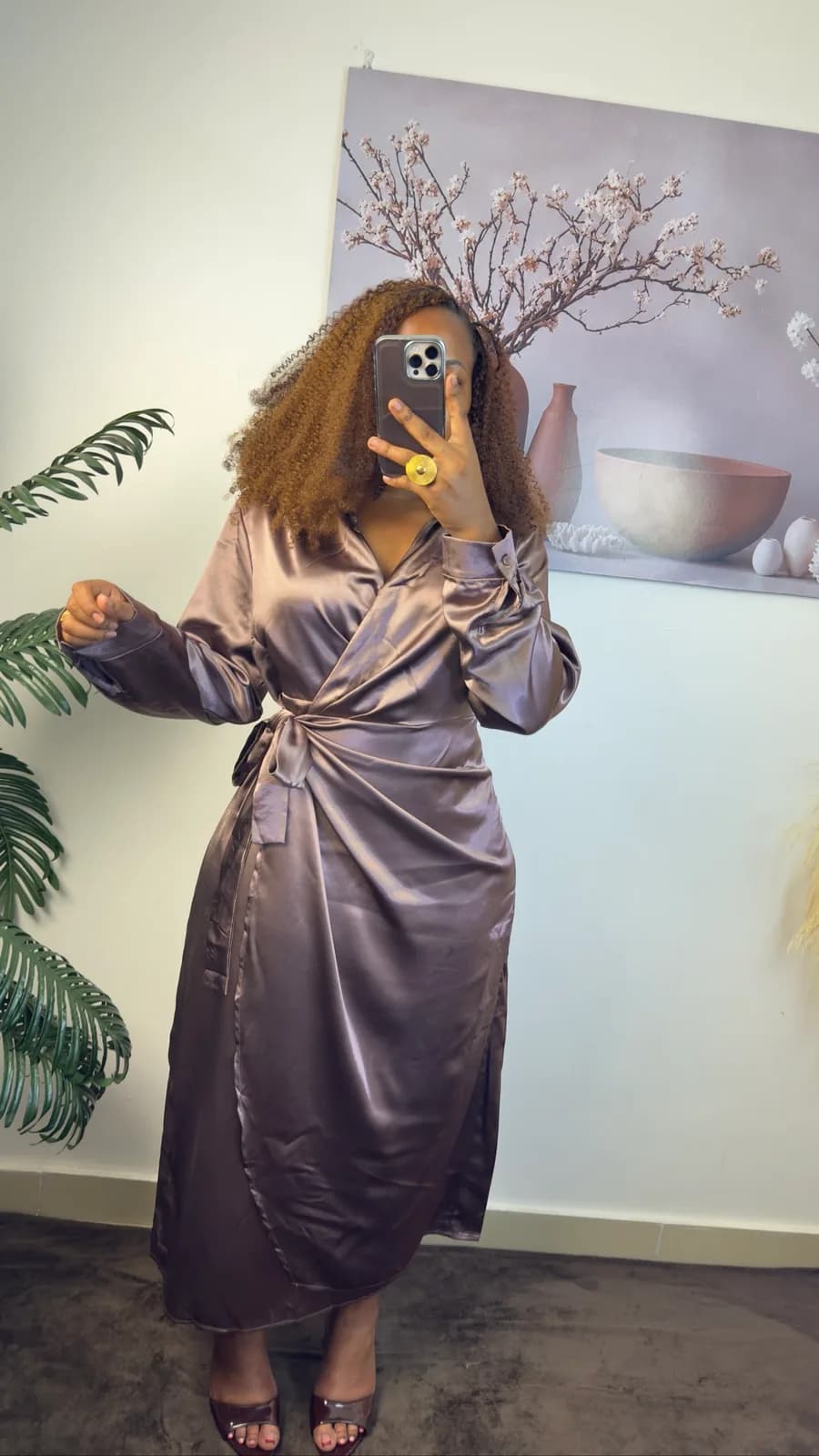 Mocha Heavy Satin Wrap Midi Dress