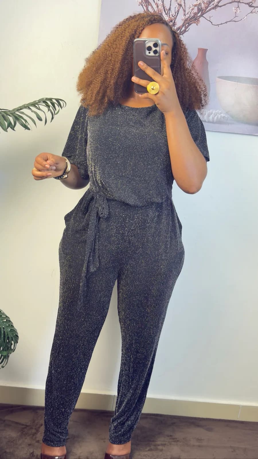 Black Shimmer Belted Jumpsuit
