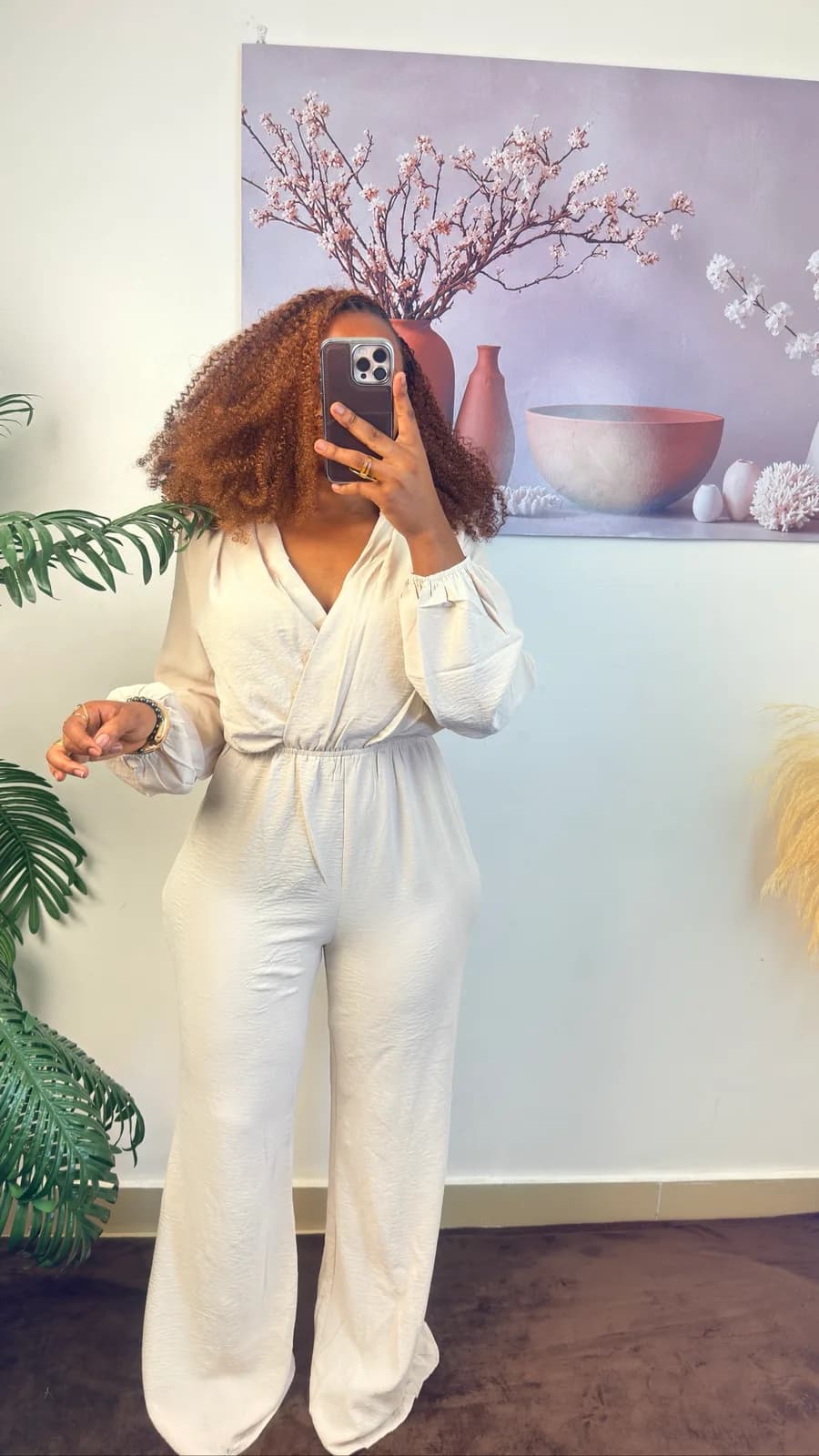 Beige Wrap-Style Wide-Leg Jumpsuit