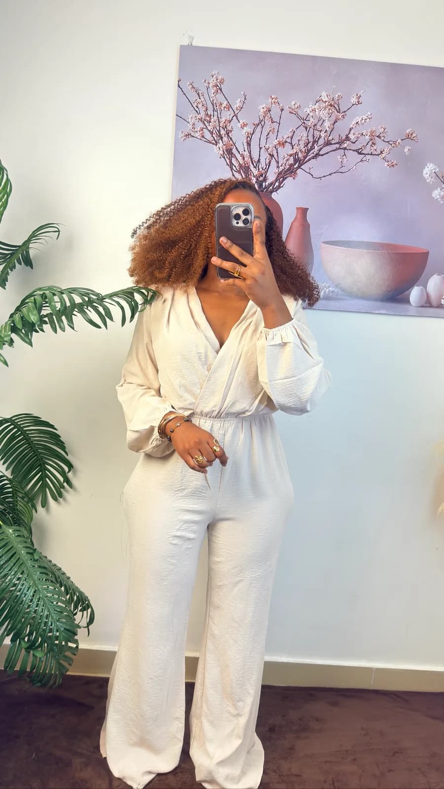 Beige Wrap-Style Wide-Leg Jumpsuit