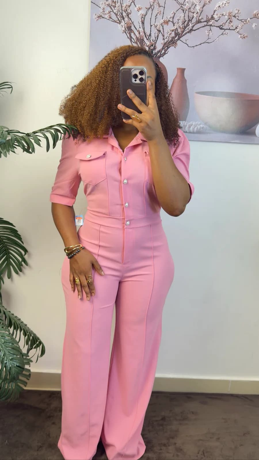 Pink Button-Front Wide-Leg Jumpsuit