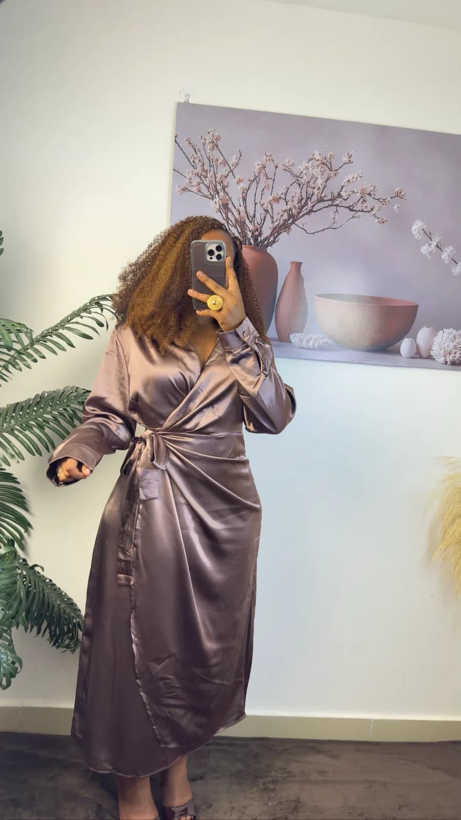 Mocha Heavy Satin Wrap Midi Dress