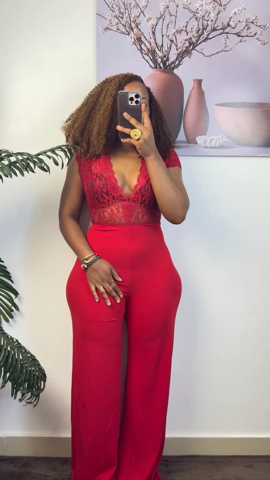 Red Lace Bodice Wide-Leg Jumpsuit
