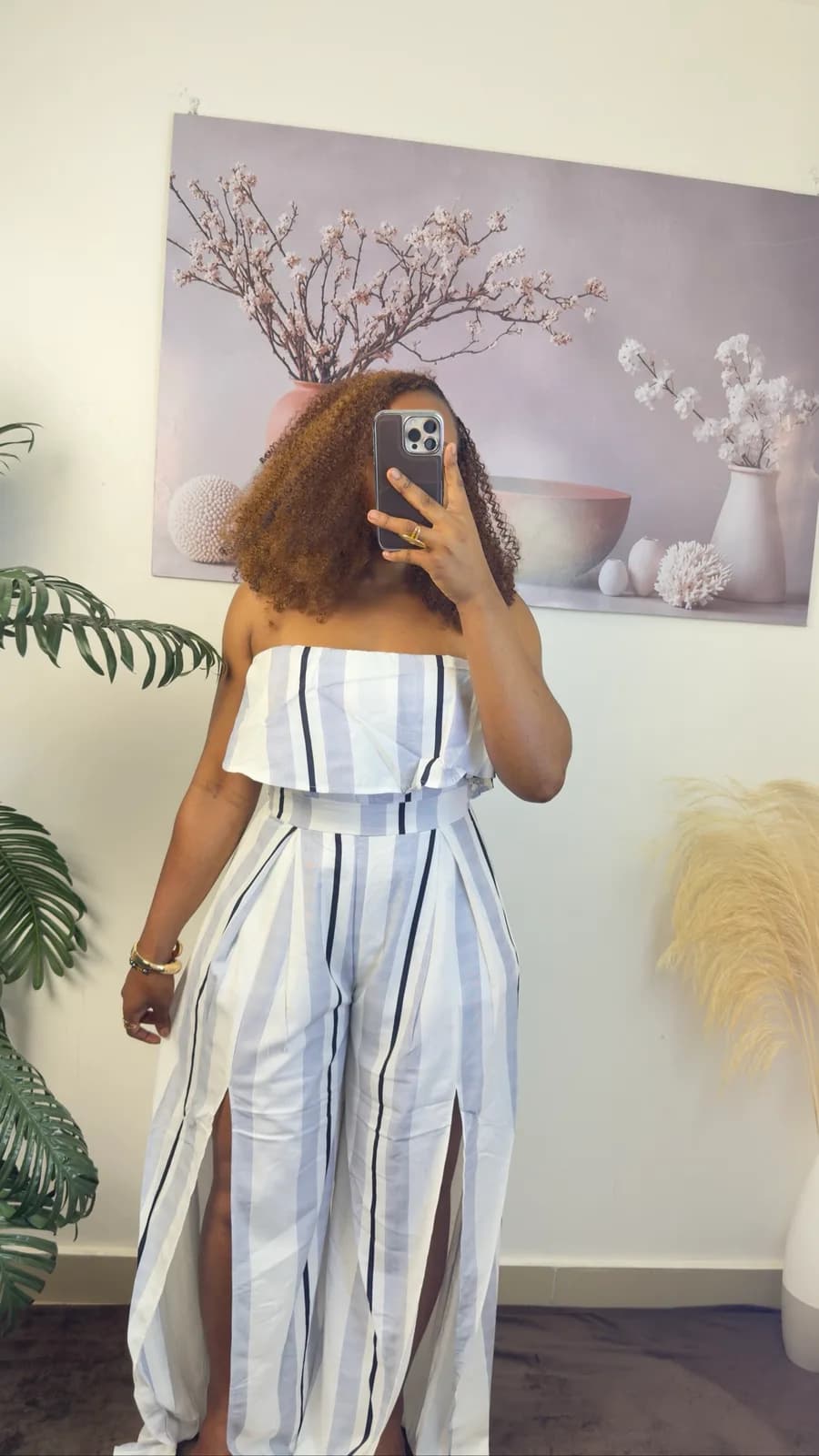 White & Blue Striped Strapless Maxi Dress with Slit