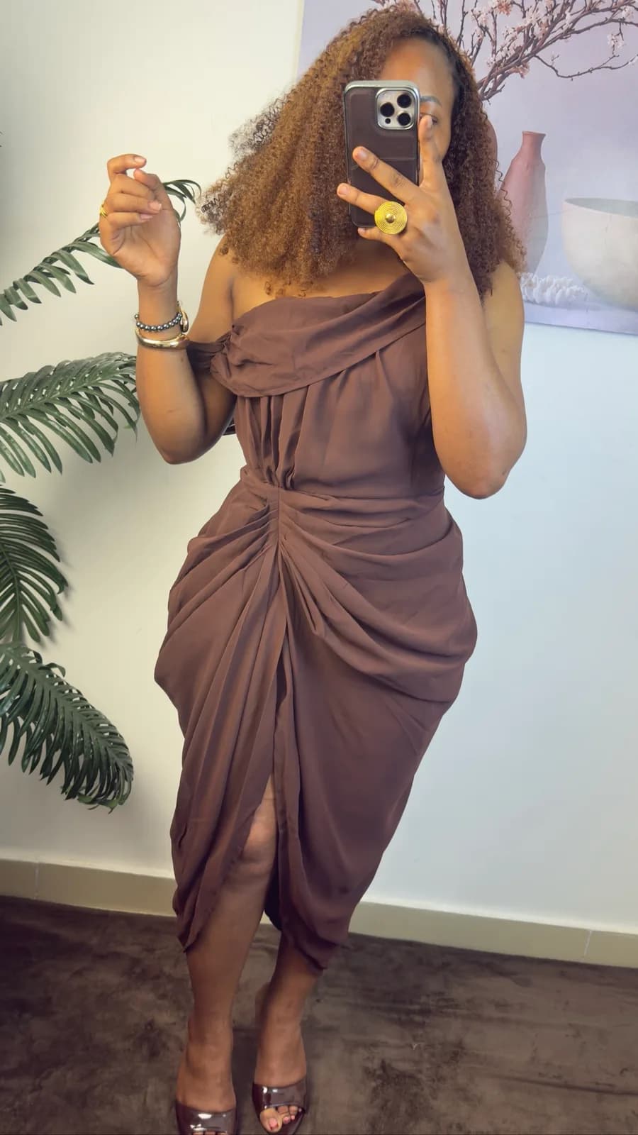 Chocolate Brown Ruched Midi Dress