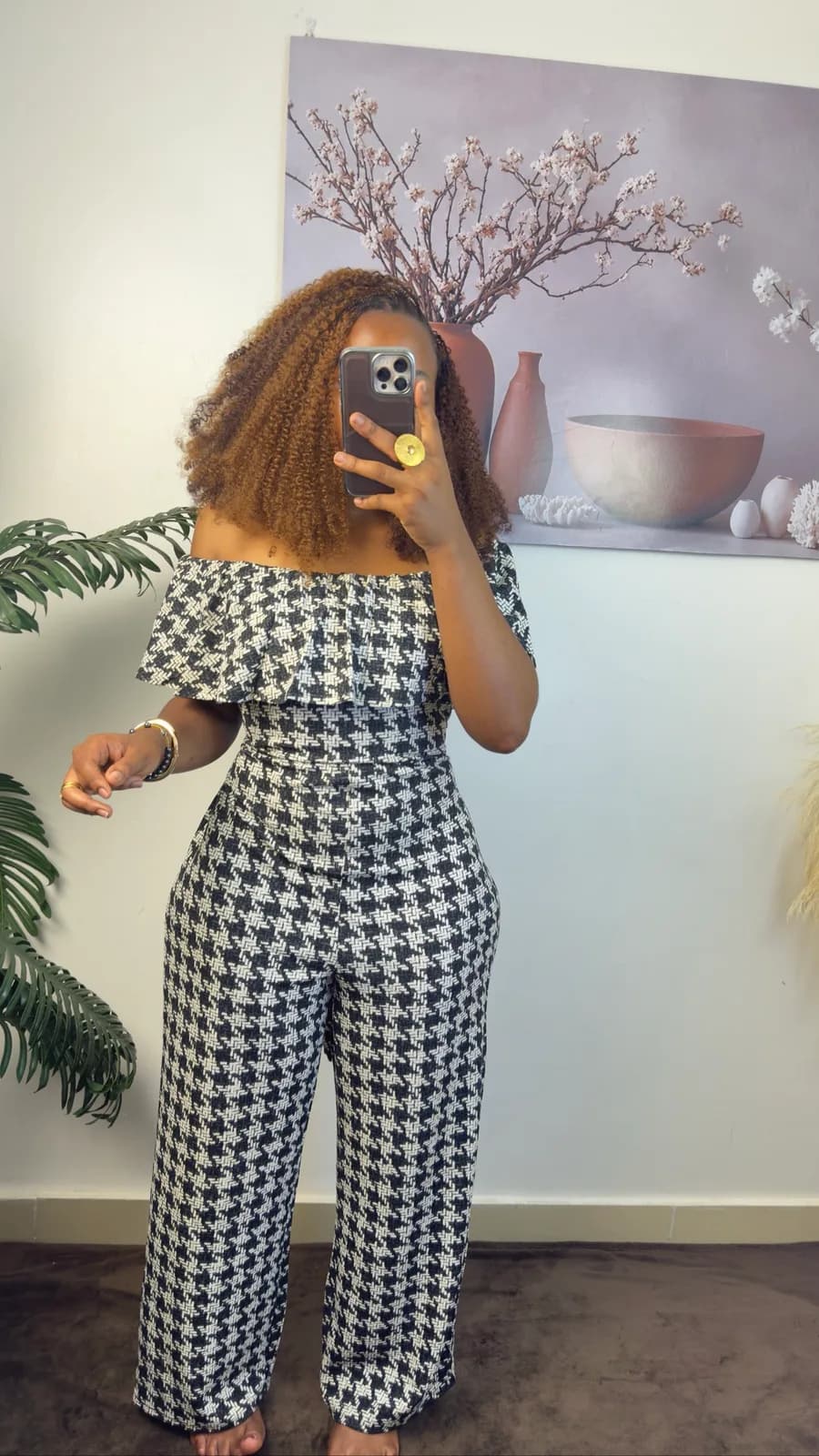 Black & White Houndstooth Off-Shoulder Jumpsuit