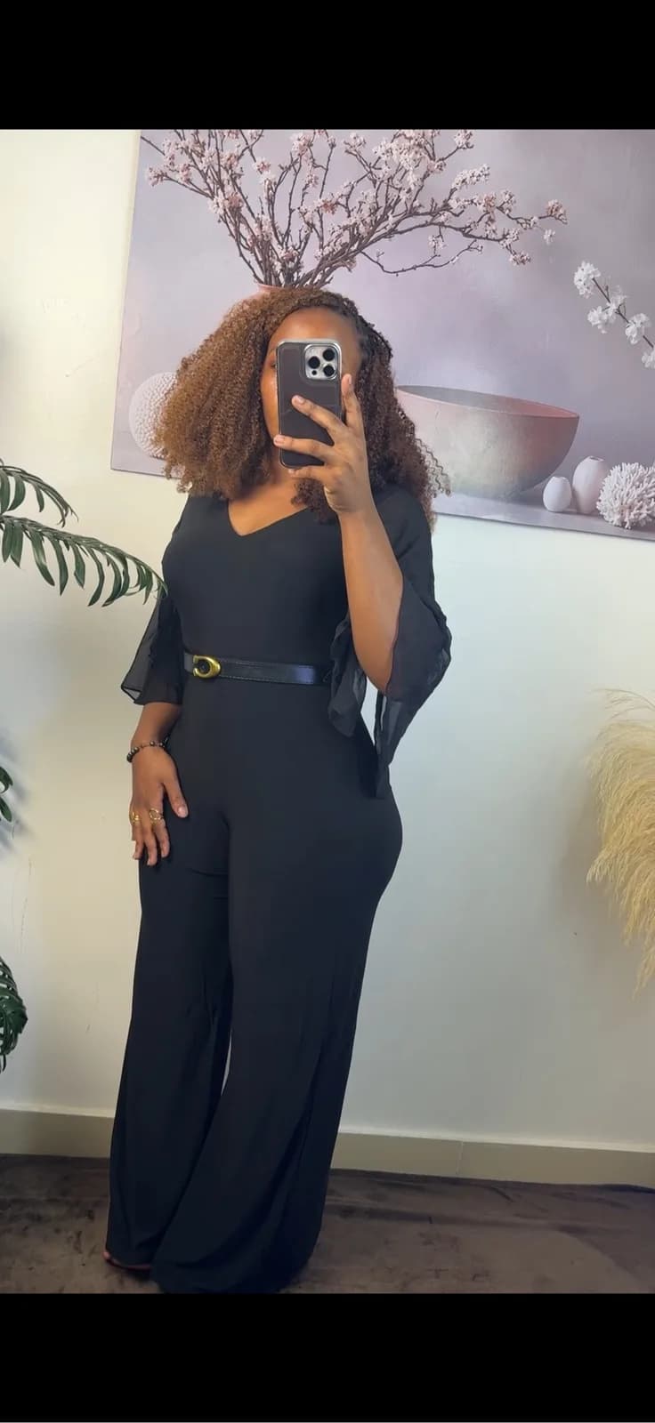 Black V-Neck Wide-Leg Jumpsuit with Sheer Sleeves
