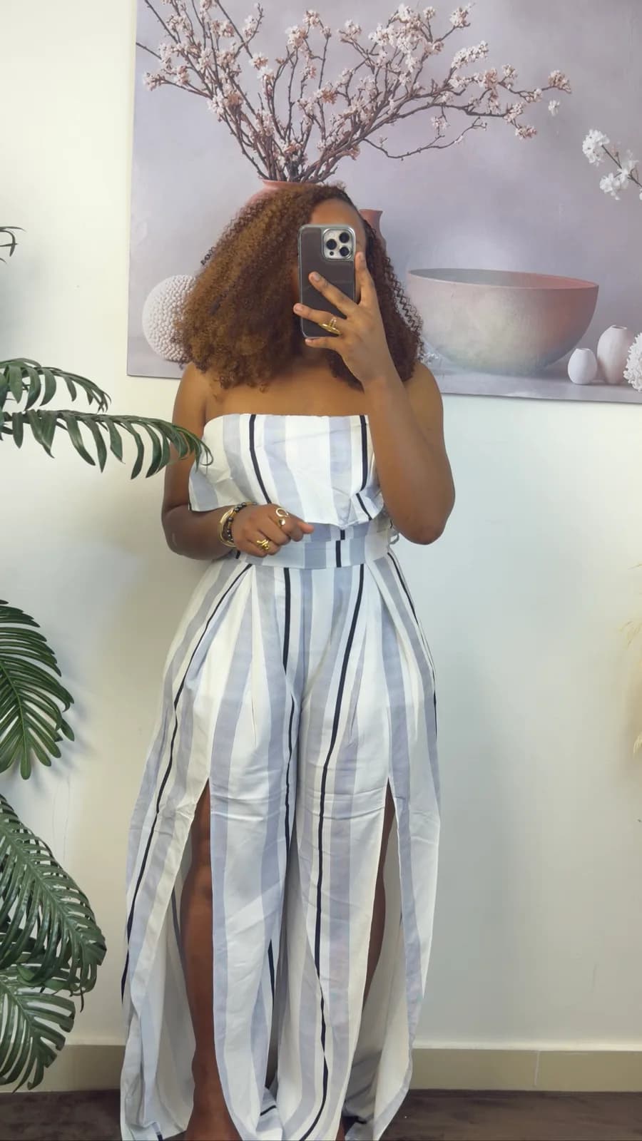 White & Blue Striped Strapless Maxi Dress with Slit