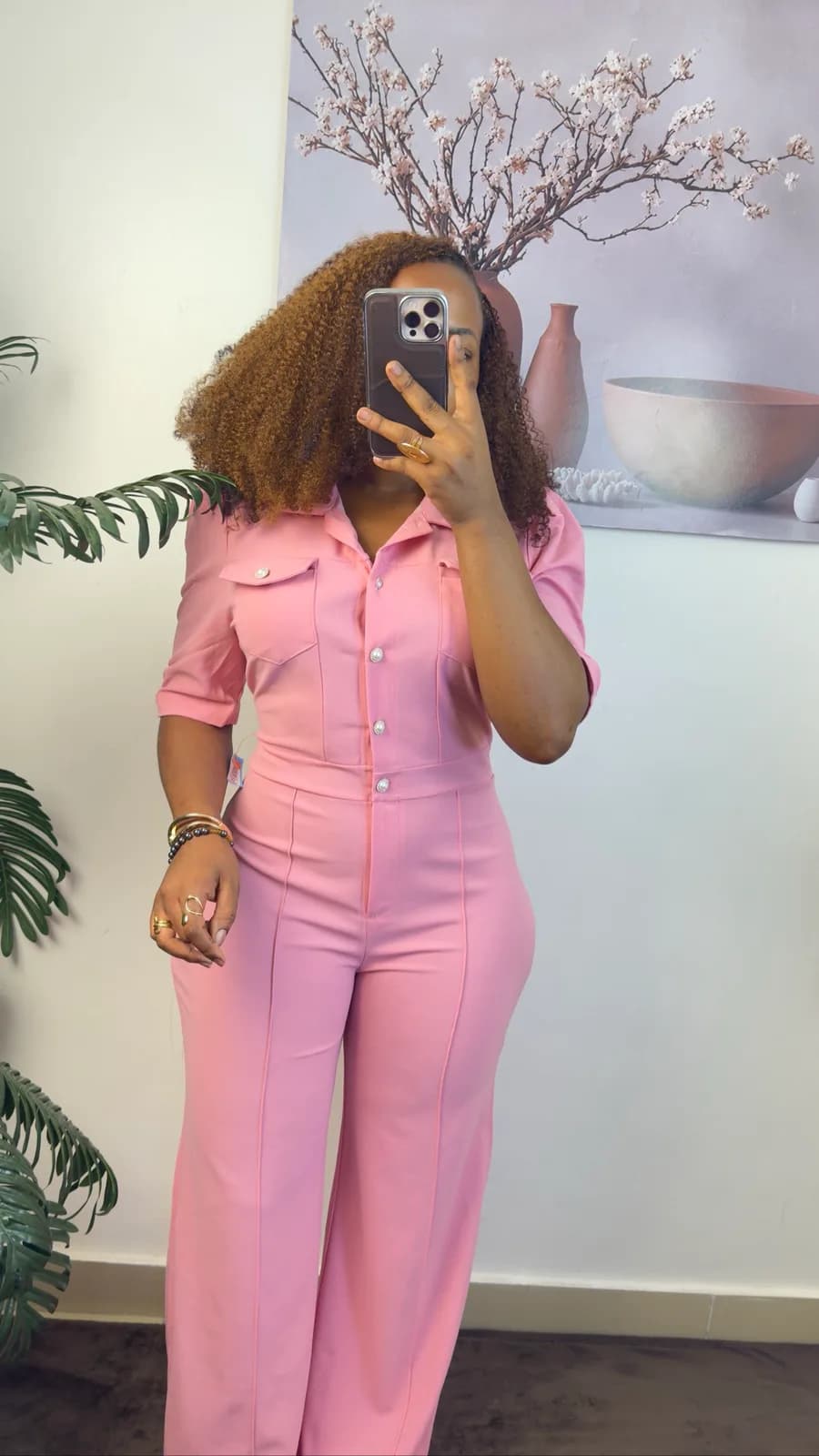 Pink Button-Front Wide-Leg Jumpsuit