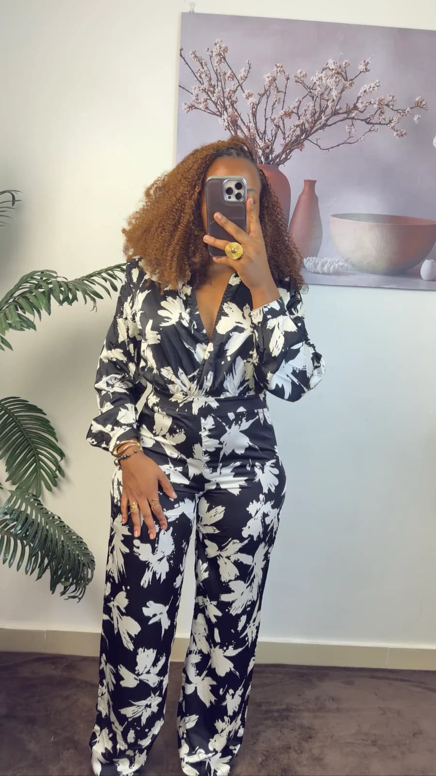Black & White Floral Wrap Jumpsuit