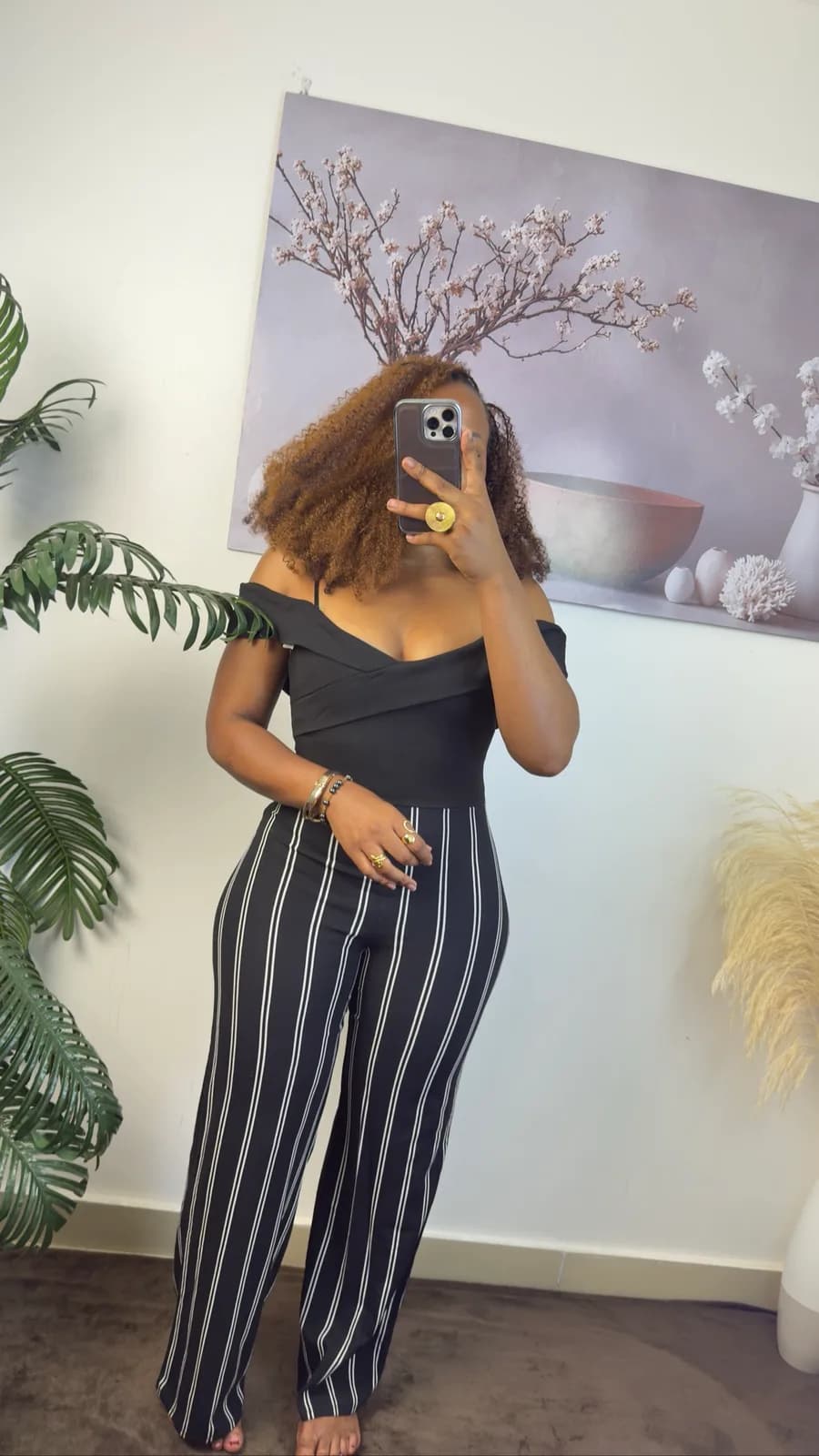Black Off-Shoulder Striped Wide-Leg Jumpsuit