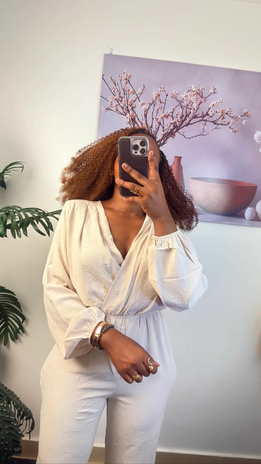 Beige Wrap-Style Wide-Leg Jumpsuit