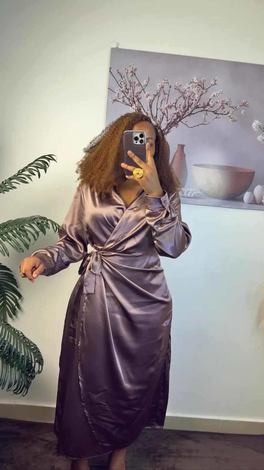 Mocha Heavy Satin Wrap Midi Dress