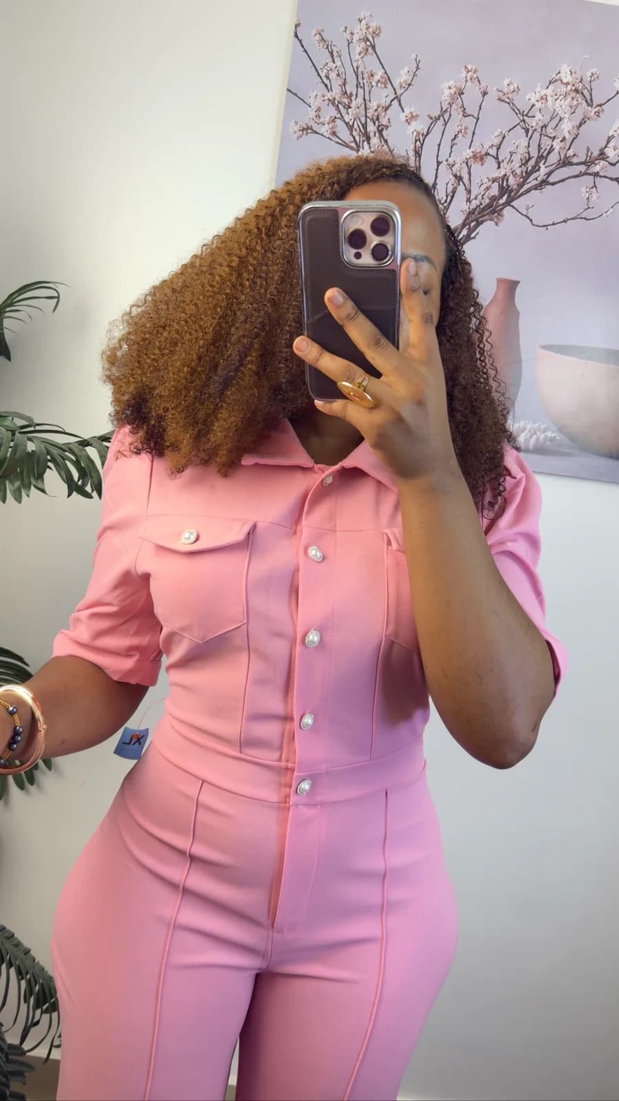 Pink Button-Front Wide-Leg Jumpsuit
