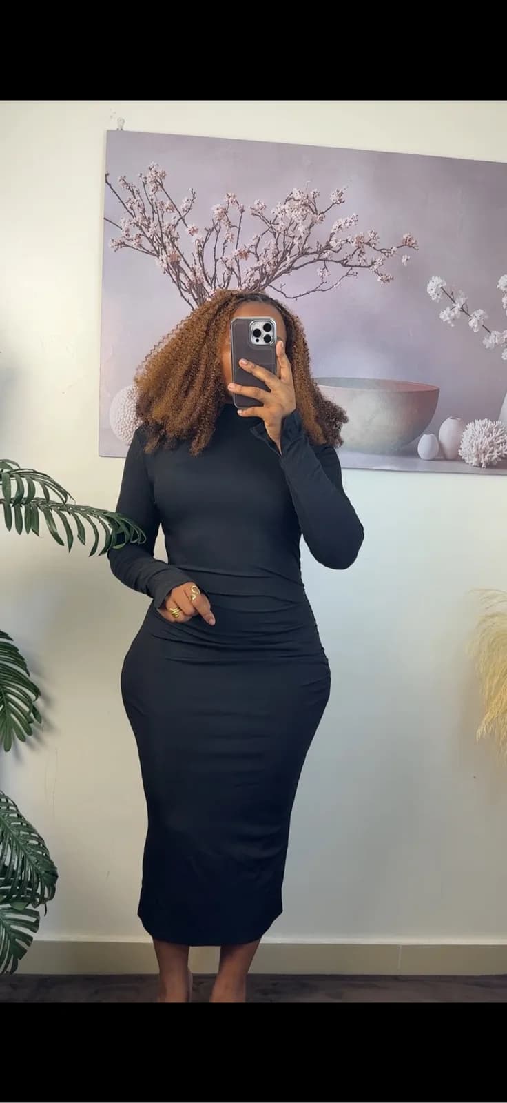 Black Long-Sleeve Ruched Midi Dress