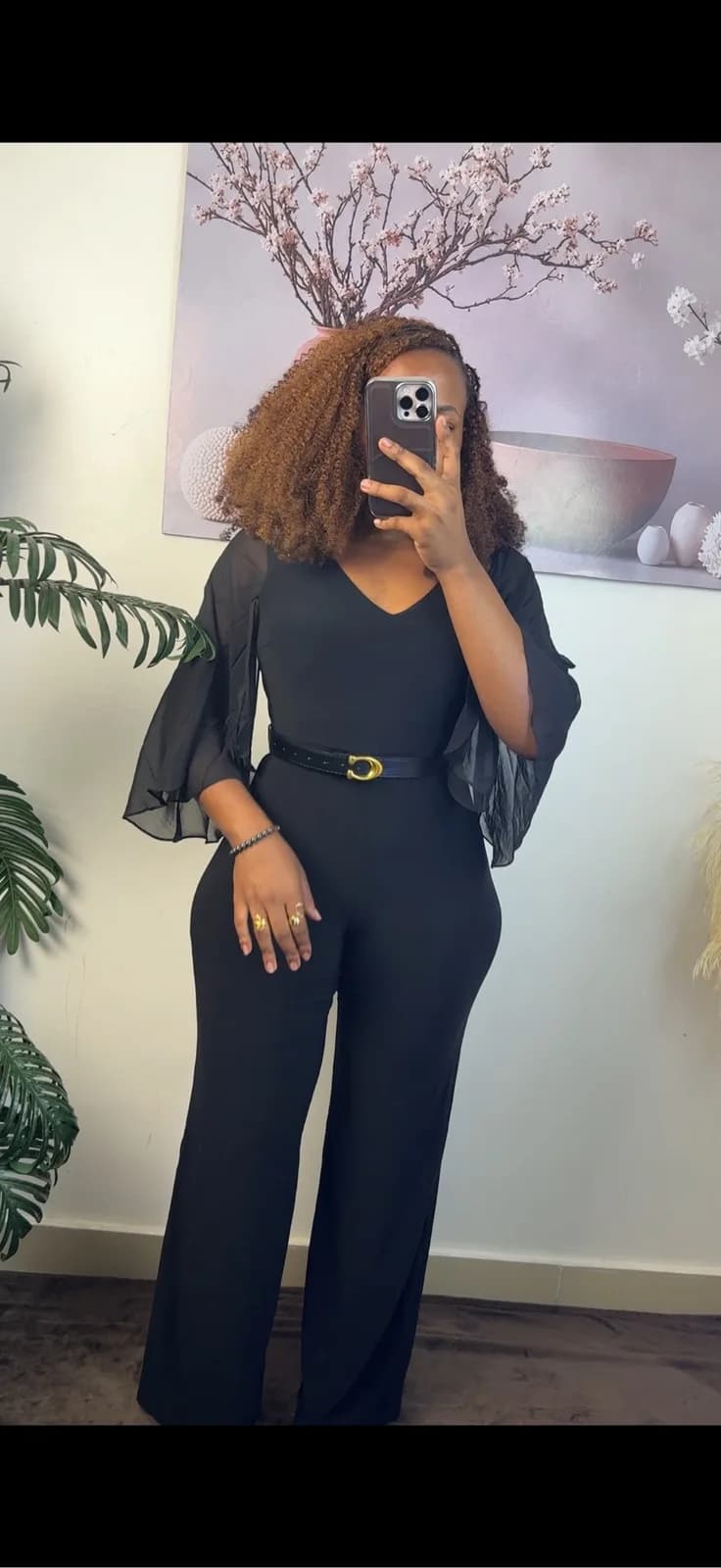 Black V-Neck Wide-Leg Jumpsuit with Sheer Sleeves