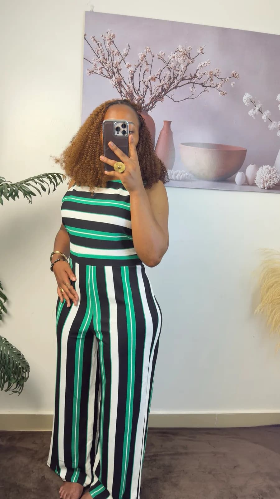 Green, Black & White Striped Wide-Leg Jumpsuit