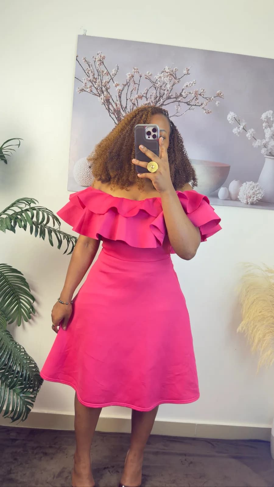 Hot Pink Off-Shoulder Ruffle Midi Dress