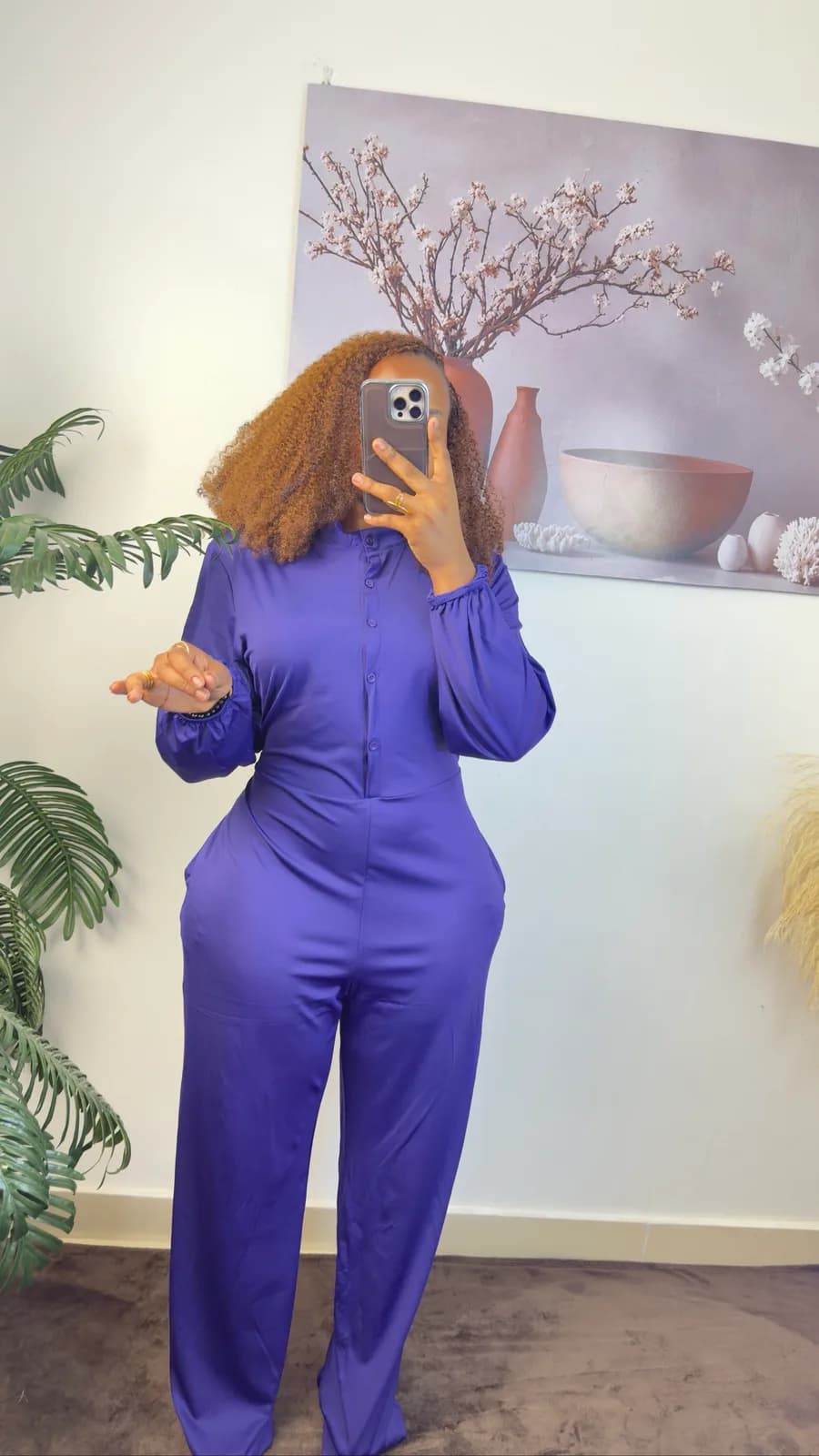 Purple Button-Front Wide-Leg Jumpsuit