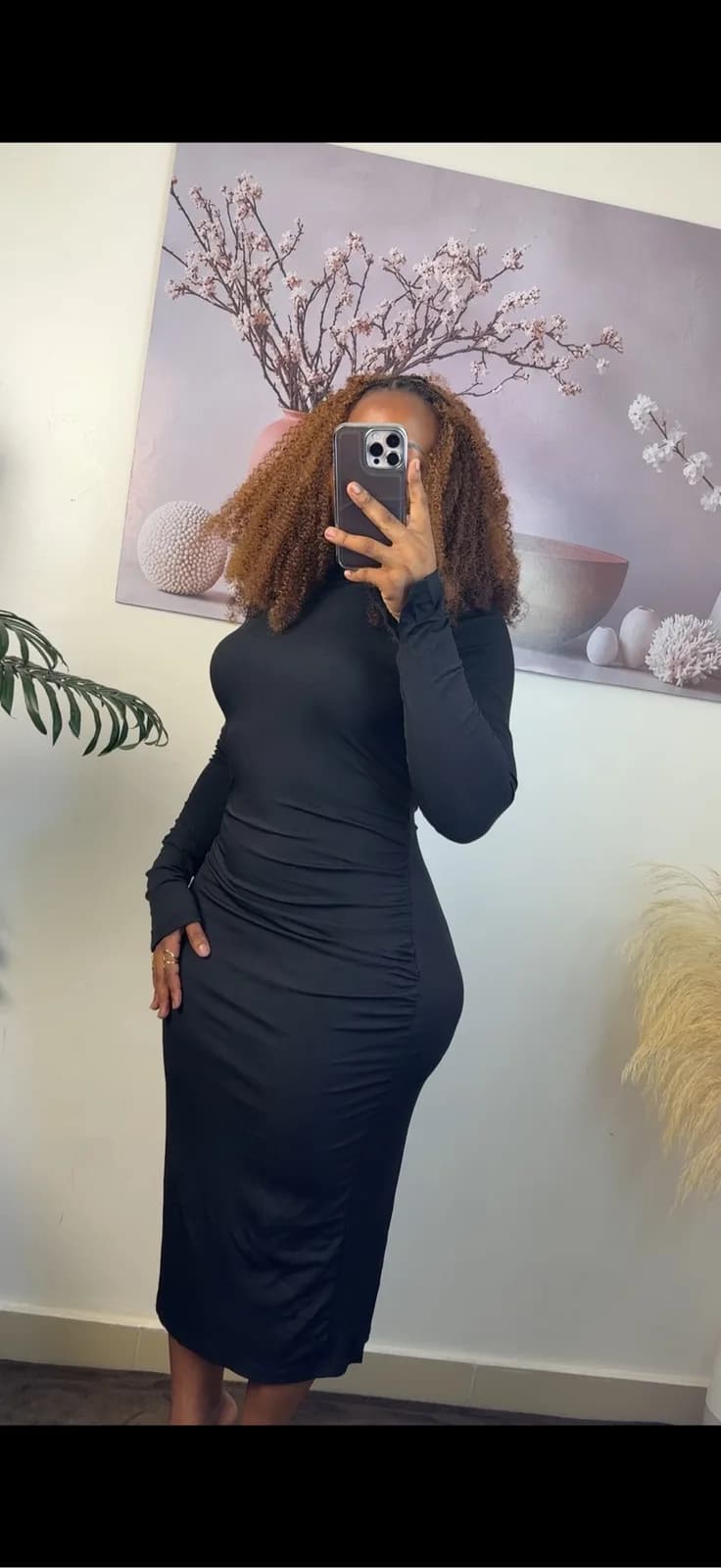 Black Long-Sleeve Ruched Midi Dress