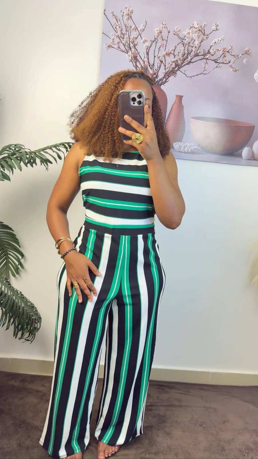 Green, Black & White Striped Wide-Leg Jumpsuit