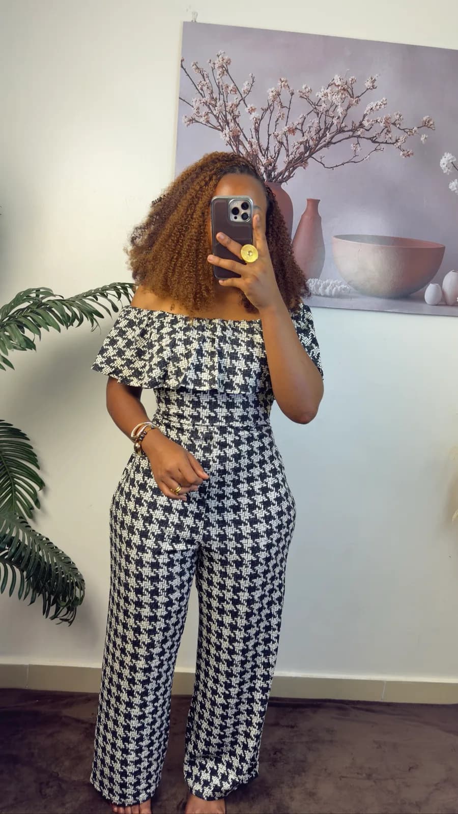 Black & White Houndstooth Off-Shoulder Jumpsuit