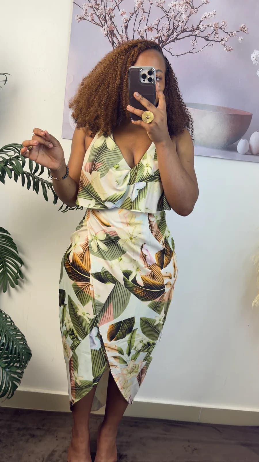 Tropical Floral Wrap Midi Dress