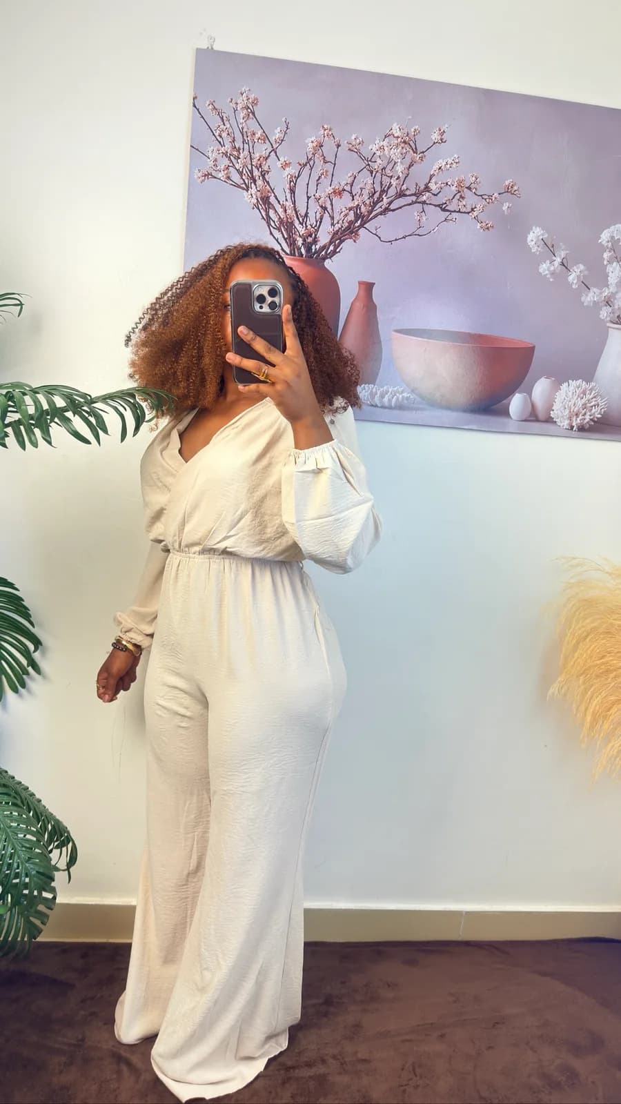 Beige Wrap-Style Wide-Leg Jumpsuit