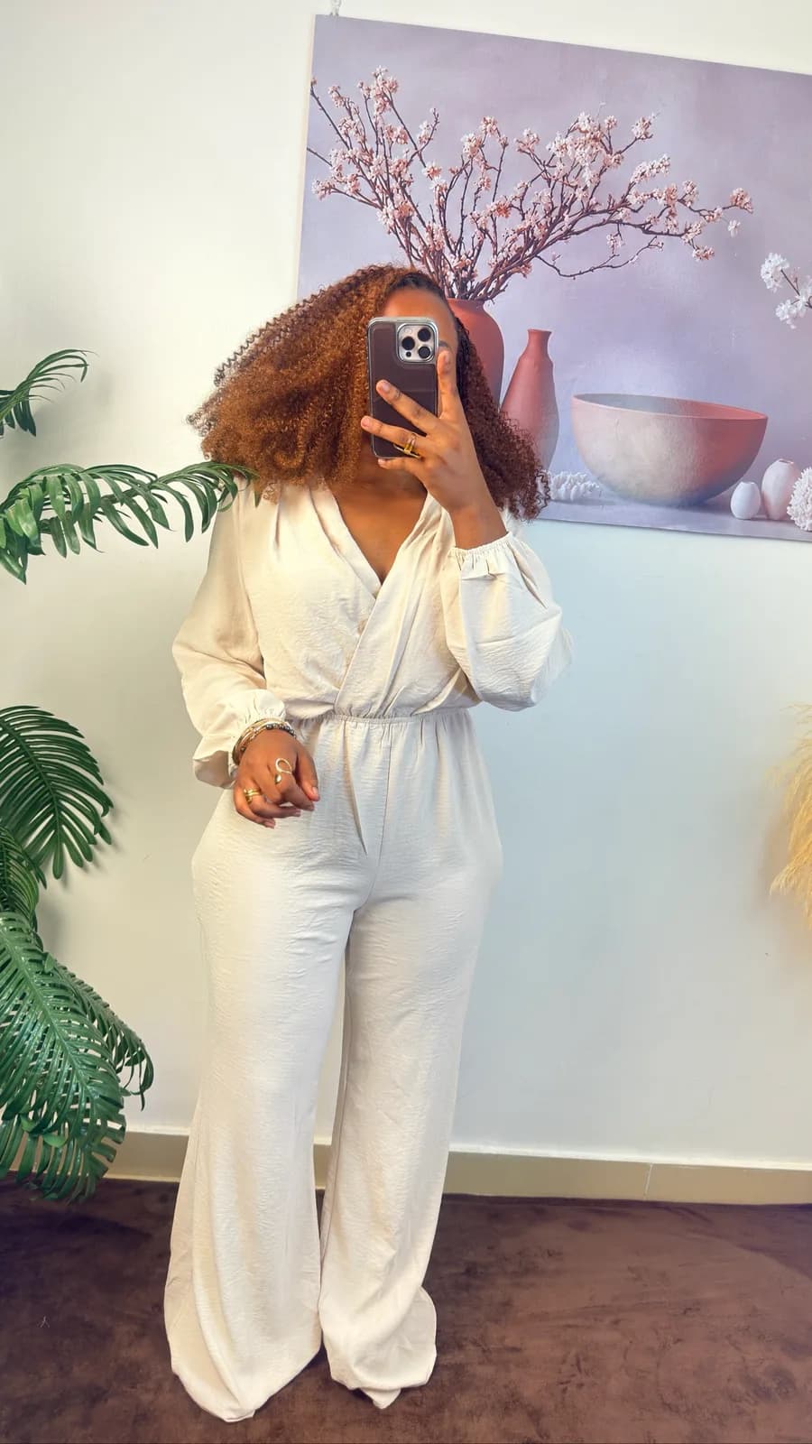 Beige Wrap-Style Wide-Leg Jumpsuit