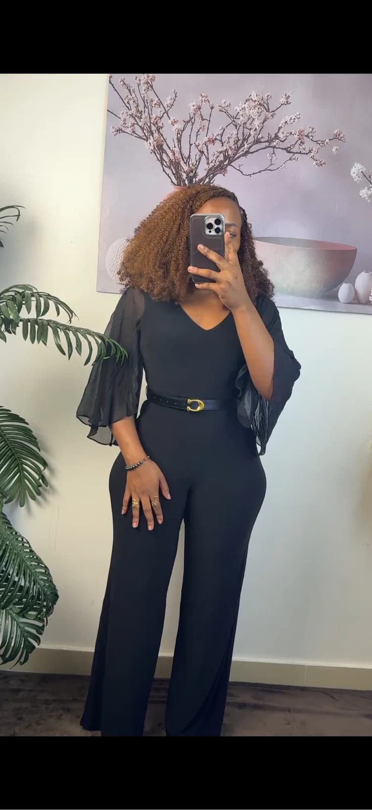 Black V-Neck Wide-Leg Jumpsuit with Sheer Sleeves